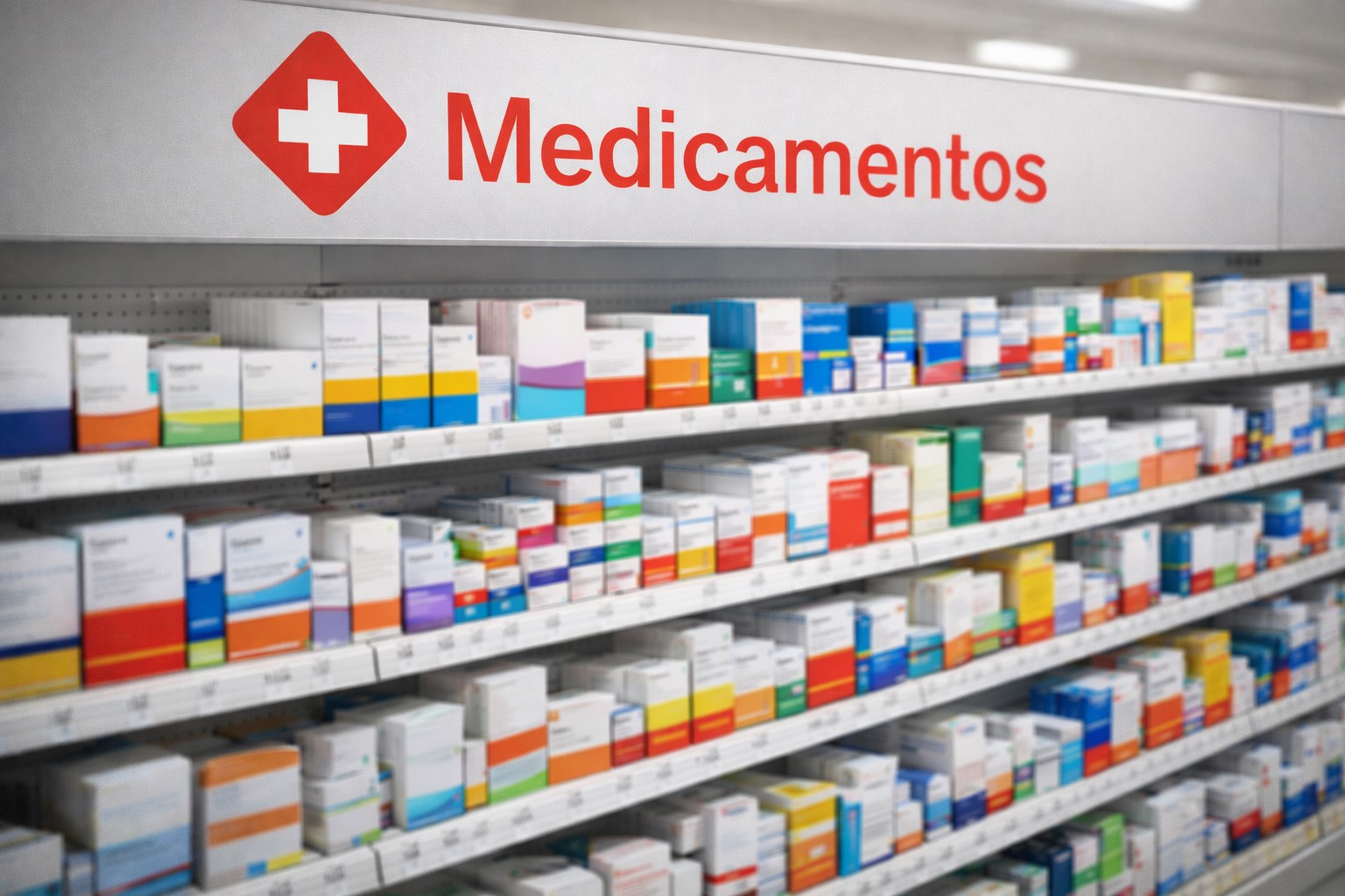 Gôndola de medicamentos vista em leve diagonal dentro de estabelecimento comercial, com placa cinza escrita “Medicamentos” em vermelho e símbolo de cruz branca em losango vermelho.