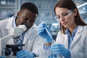 Cientistas em laboratório manipulam tubos de ensaio e microscópio em ambiente de pesquisa. Imagem ilustrativa gerada por inteligência artificial para contextualização jornalística.