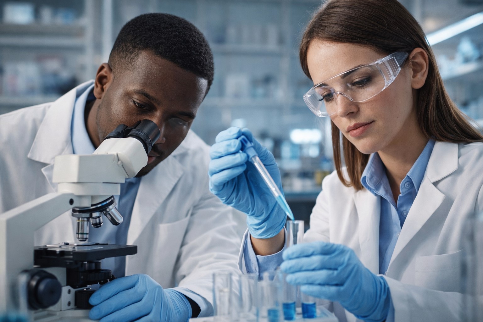 Cientistas em laboratório manipulam tubos de ensaio e microscópio em ambiente de pesquisa. Imagem ilustrativa gerada por inteligência artificial para contextualização jornalística.