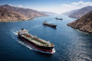 Vista semiaérea do Estreito de Ormuz com navios tanque navegando pela rota marítima. Imagem ilustrativa gerada por inteligência artificial para contextualizar notícia.