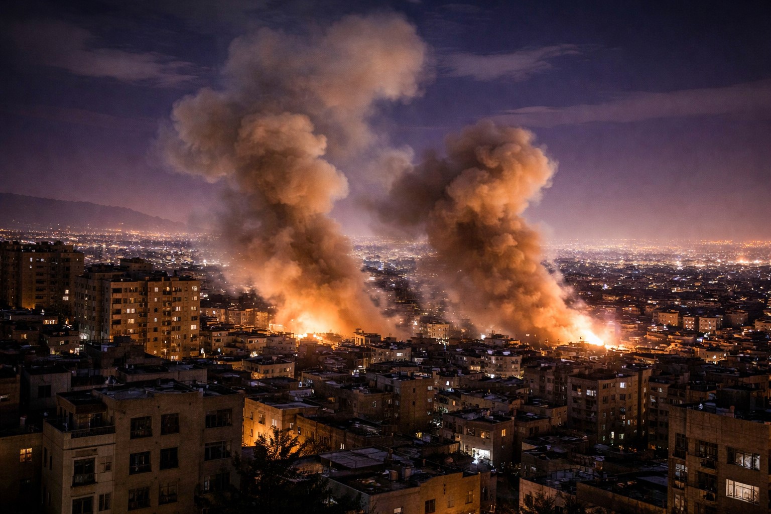 Imagem gerada por IA mostra vista noturna de cidade iraniana com dois grandes focos de fumaça sobre área urbana.