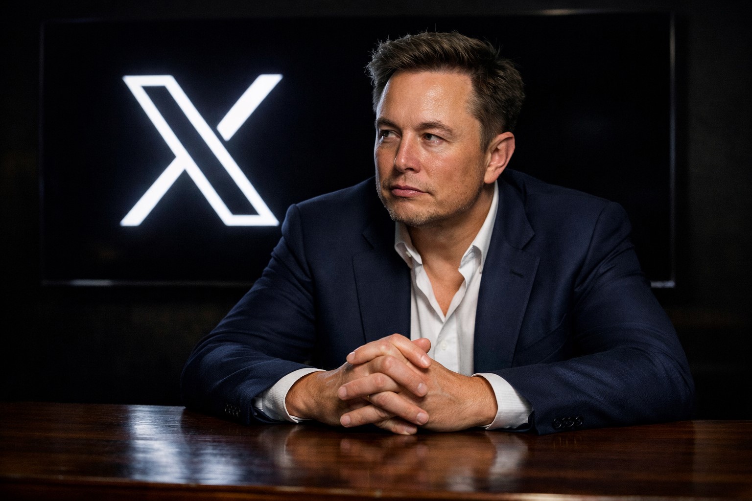 Elon Musk sentado a uma mesa de madeira escura, vestindo blazer azul-marinho e camisa branca, olhando para o lado com expressão séria. Ao fundo, uma tela exibe o logotipo da plataforma X. Imagem gerada por inteligência artificial para fins ilustrativos.