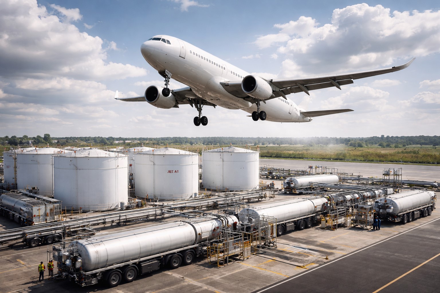 Ilustração mostra avião de passageiros sobreposto a parque de combustível de aviação.
