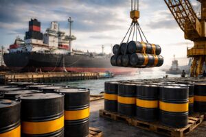 Imagem gerada por IA mostra barris de petróleo sendo descarregados em porto com navio petroleiro ao fundo.