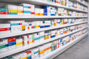 Imagem gerada por IA mostra prateleiras de medicamentos em gôndola de supermercado.