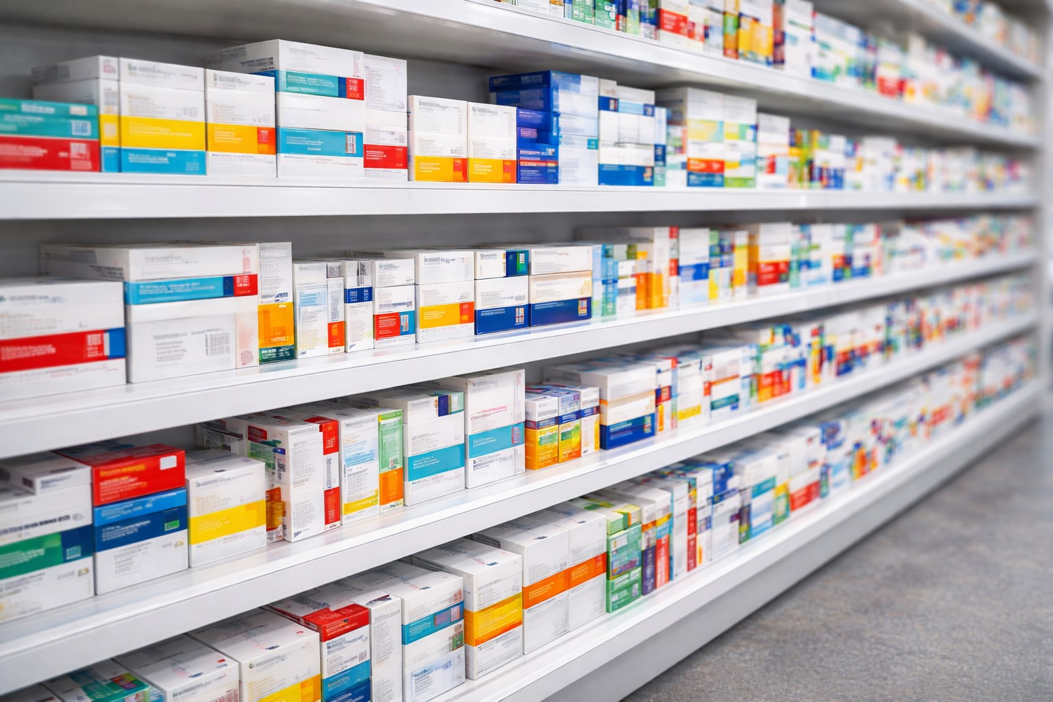 Imagem gerada por IA mostra prateleiras de medicamentos em gôndola de supermercado.