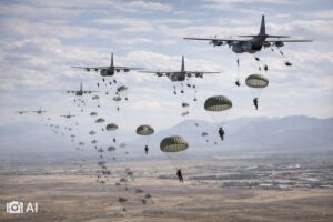Aeronaves militares e paraquedistas em operação aérea simulada sobre região árida.
