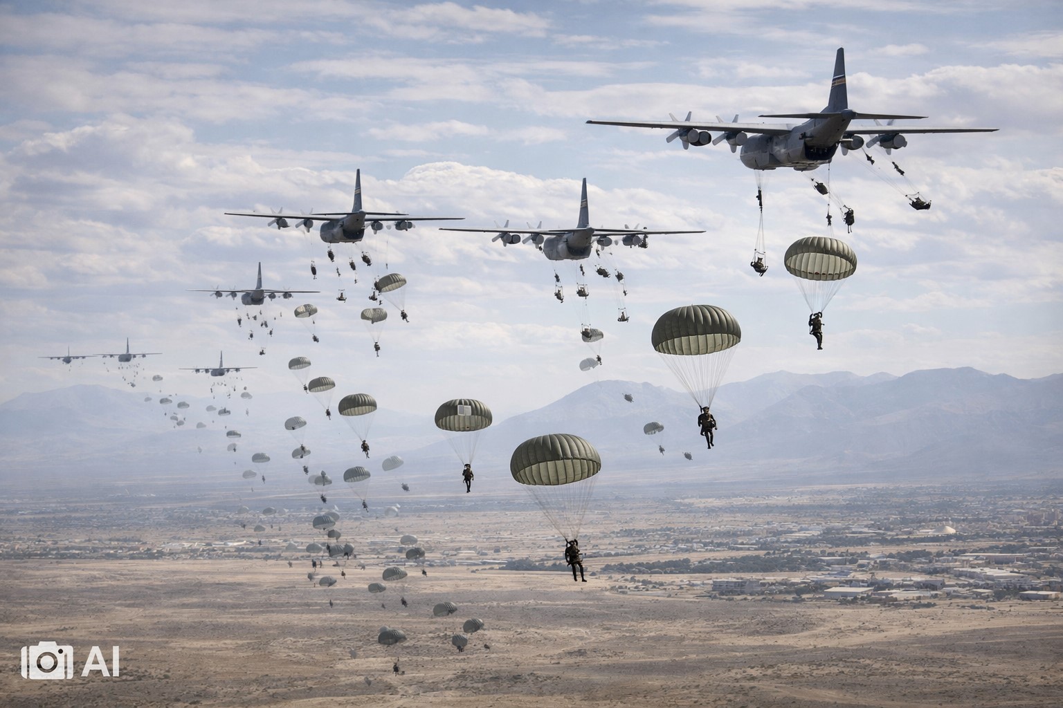 Aeronaves militares e paraquedistas em operação aérea simulada sobre região árida.