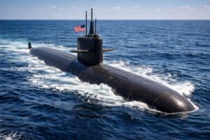 Ilustração gerada por inteligência artificial mostra submarino militar dos Estados Unidos parcialmente emergido no oceano, simbolizando operação naval em meio às tensões entre EUA e Irã.