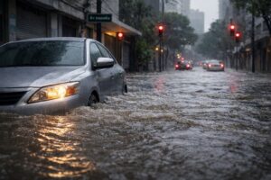 Rua da cidade de São Paulo parcialmente alagada durante forte chuva, com carro encostado à sarjeta e água barrenta quase atingindo os faróis, em cenário urbano sob temporal. Imagem gerada por IA.