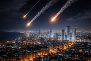 Vista semiaérea noturna de Tel Aviv com projéteis no céu, em ilustração fotográfica ultrarrealista gerada por inteligência artificial, usada para contextualizar notícia sobre ataque no Oriente Médio.