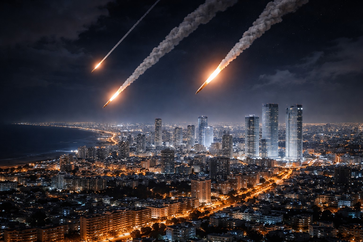 Vista semiaérea noturna de Tel Aviv com projéteis no céu, em ilustração fotográfica ultrarrealista gerada por inteligência artificial, usada para contextualizar notícia sobre ataque no Oriente Médio.