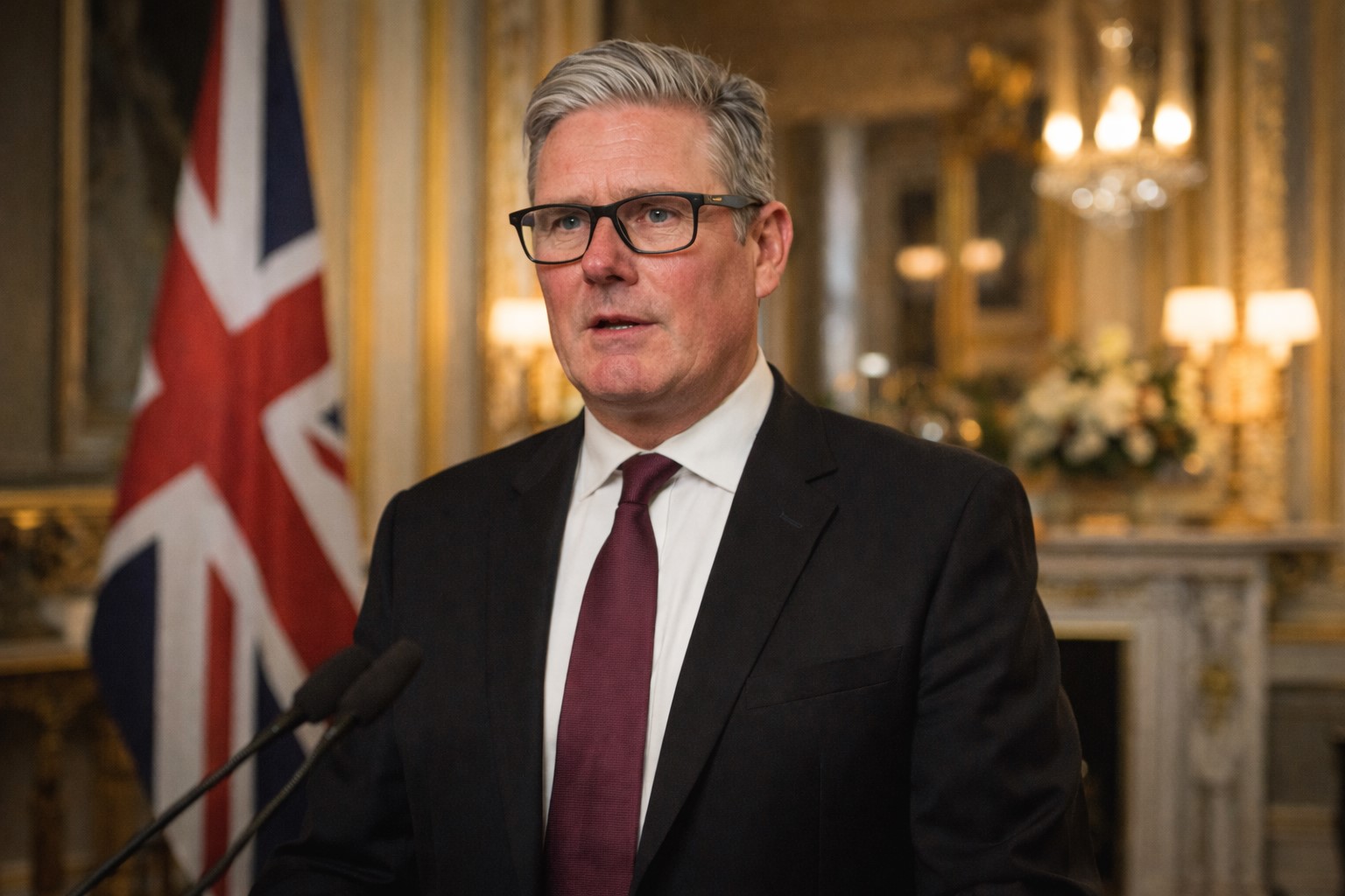 magem gerada por IA mostra Keir Starmer discursando em ambiente interno do Palácio de Buckingham.