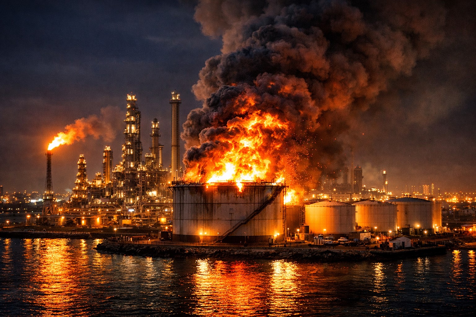 Instalação petrolífera costeira em chamas durante a noite, com tanques de combustível e torres industriais iluminadas pelo fogo. Imagem ilustrativa gerada por inteligência artificial para contextualizar ataques a infraestruturas energéticas no Golfo Pérsico.