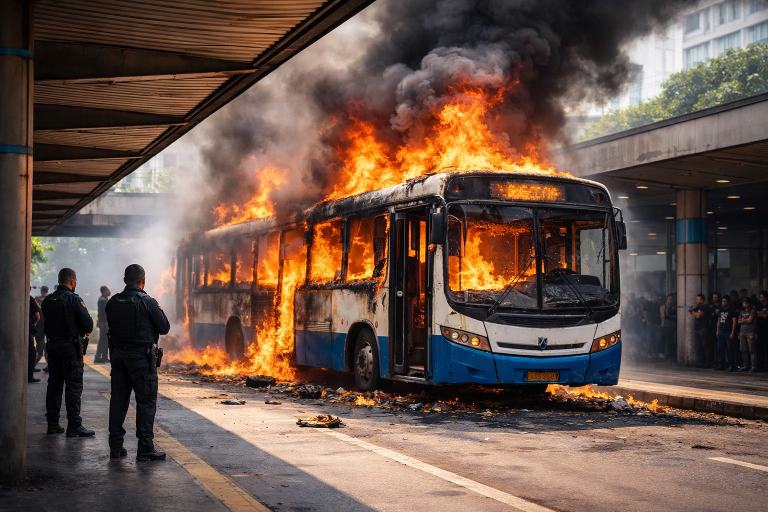 Ônibus urbano em chamas em terminal, com agentes ao redor, em imagem gerada por inteligência artificial para contextualização jornalística.