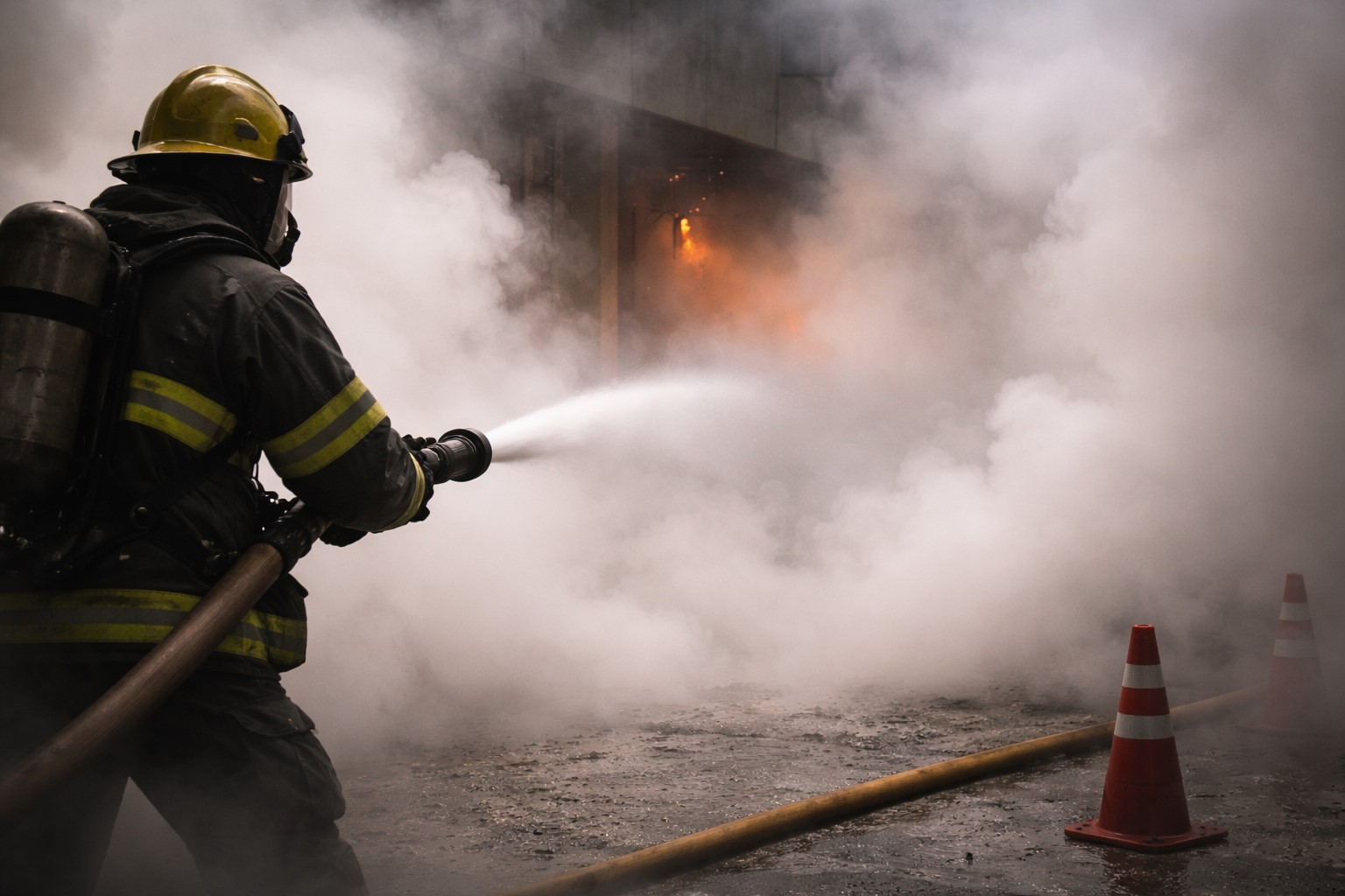 Bombeiro combate foco de incêndio em meio à fumaça intensa em cenário urbano.