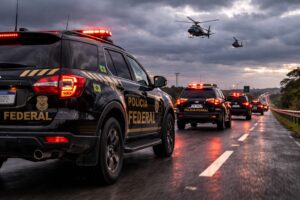Comboio de viaturas policiais em rodovia sob céu nublado, representando operação de escolta e transferência de presidiário em cenário de segurança reforçada.