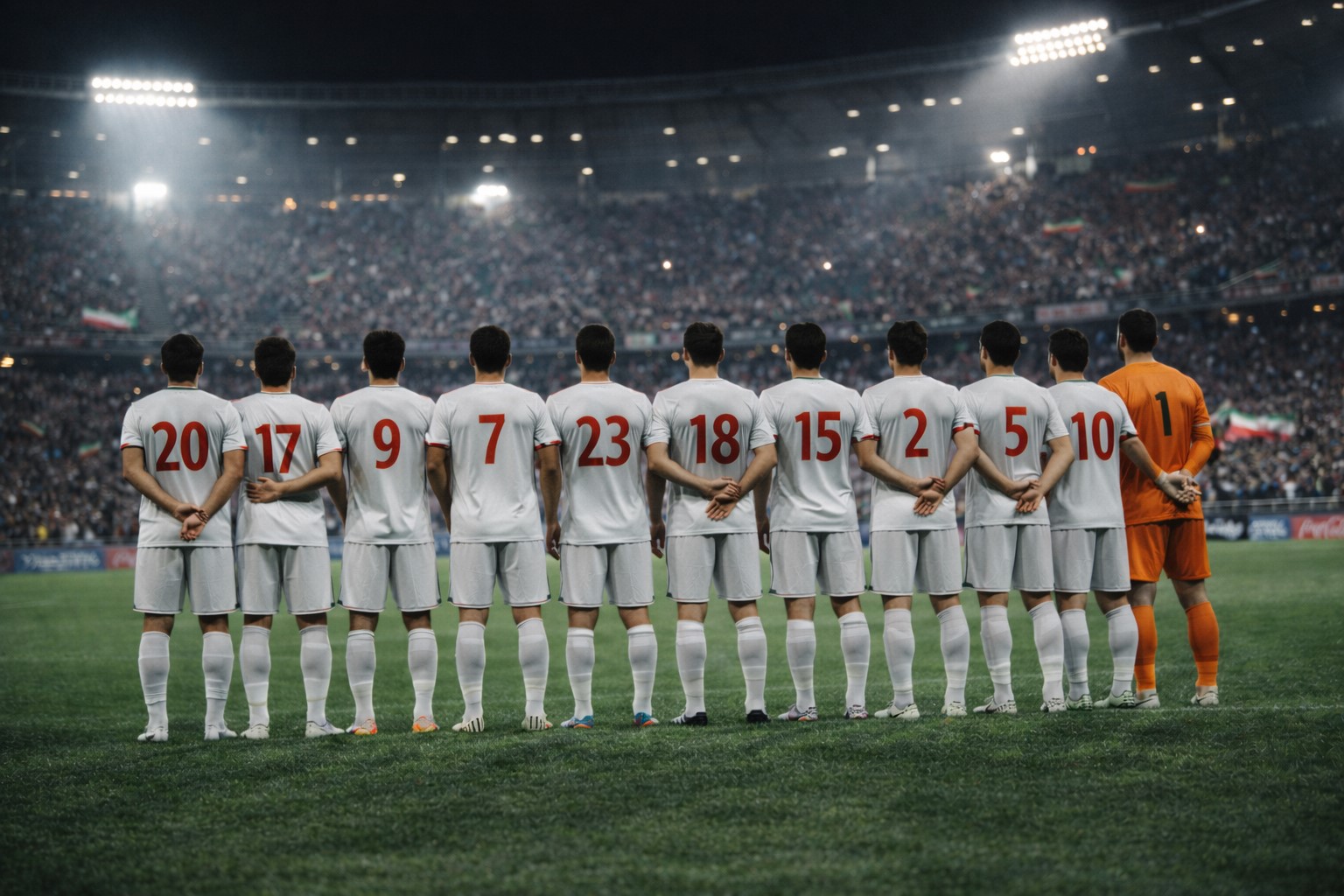 Jogadores da seleção do Irã alinhados no gramado durante execução do hino nacional em estádio iluminado à noite — imagem gerada por inteligência artificial.