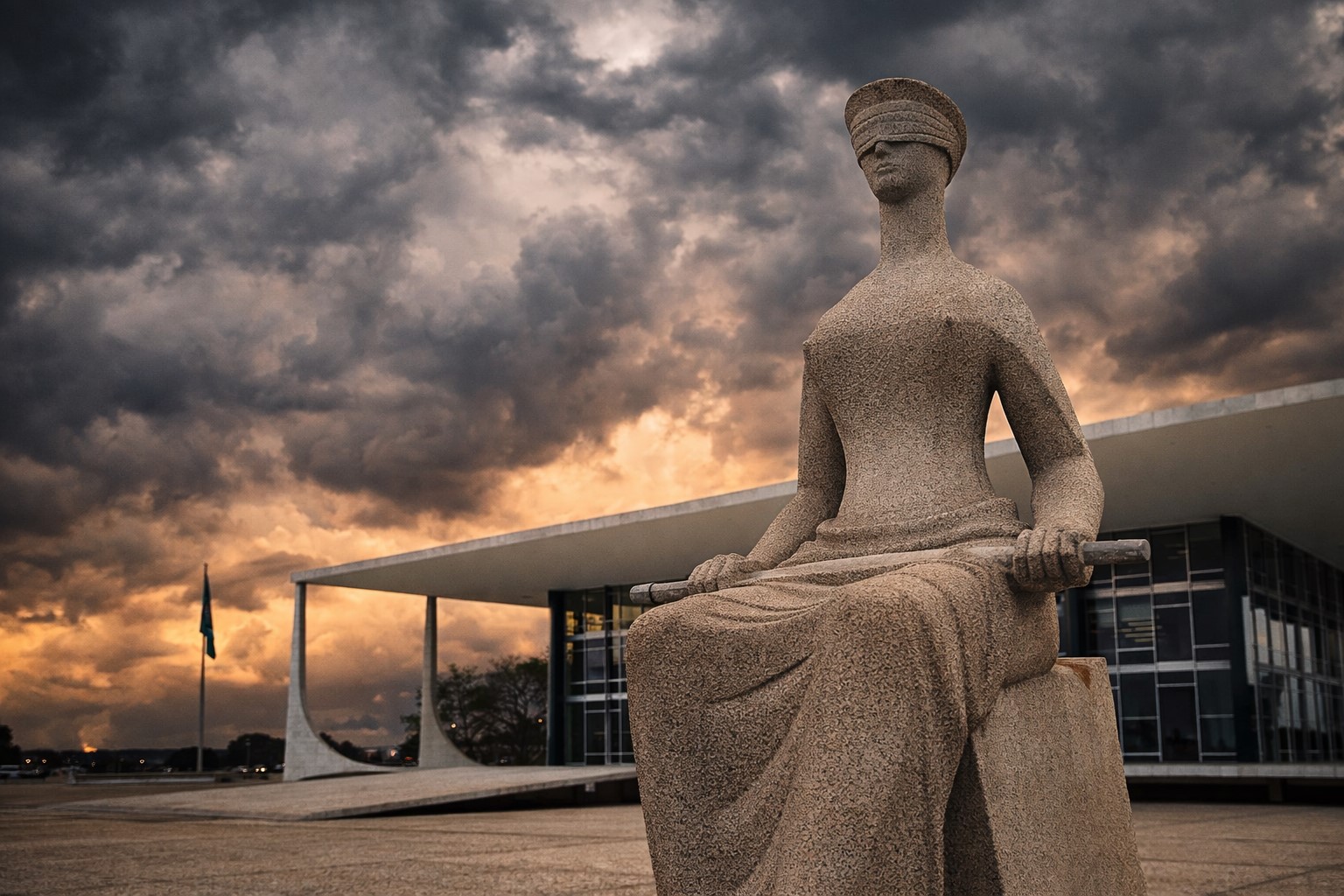 Ilustração fotográfica ultra-realista mostra a estátua da Justiça diante do prédio do STF em Brasília sob céu carregado. Imagem gerada por inteligência artificial para contextualizar reportagem sobre percepção pública da Corte.