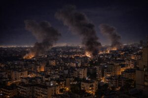 Vista noturna de área urbana de Beirute com colunas de fumaça sobre prédios residenciais — imagem gerada por inteligência artificial inspirada em registros reais.