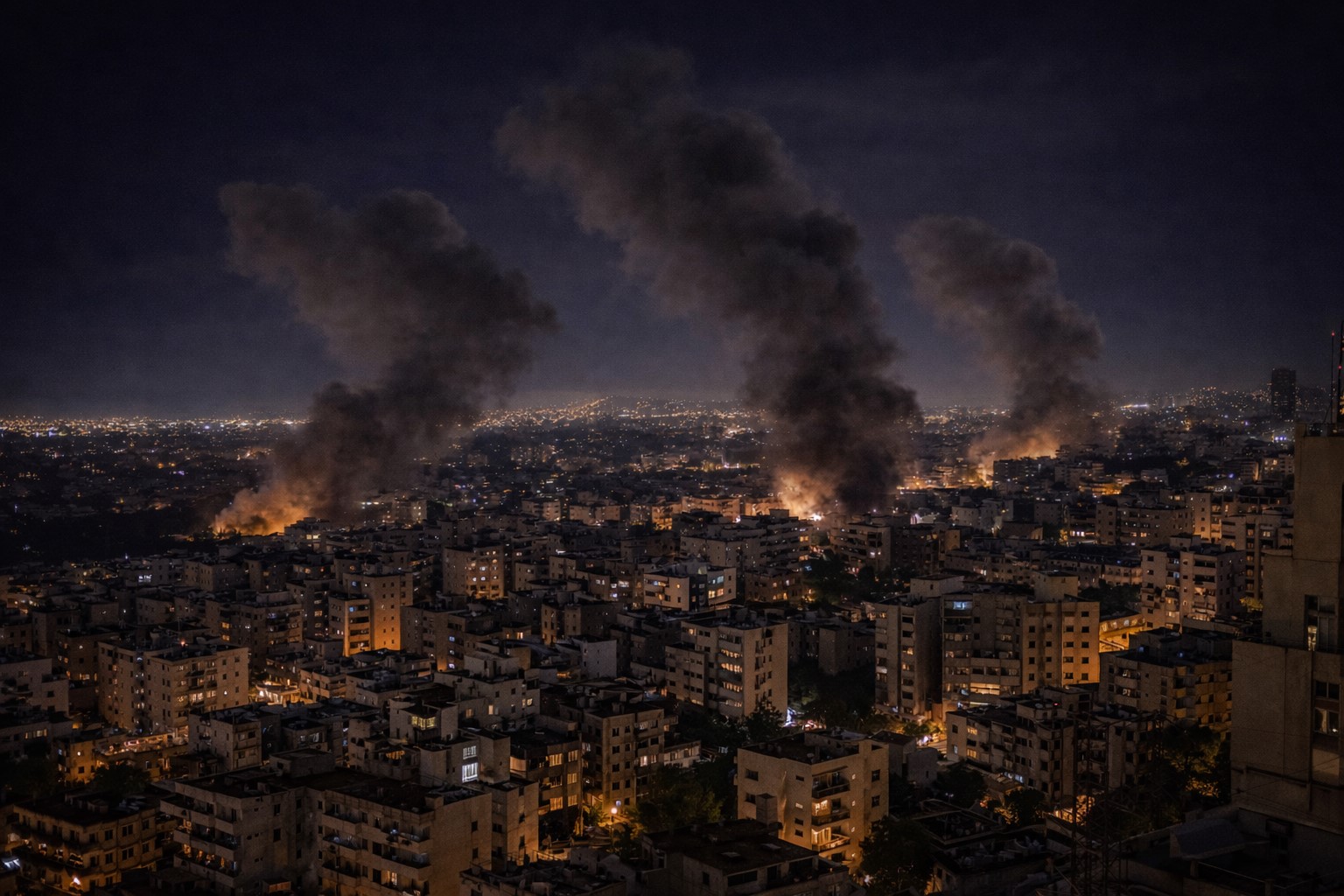 Vista noturna de área urbana de Beirute com colunas de fumaça sobre prédios residenciais — imagem gerada por inteligência artificial inspirada em registros reais.