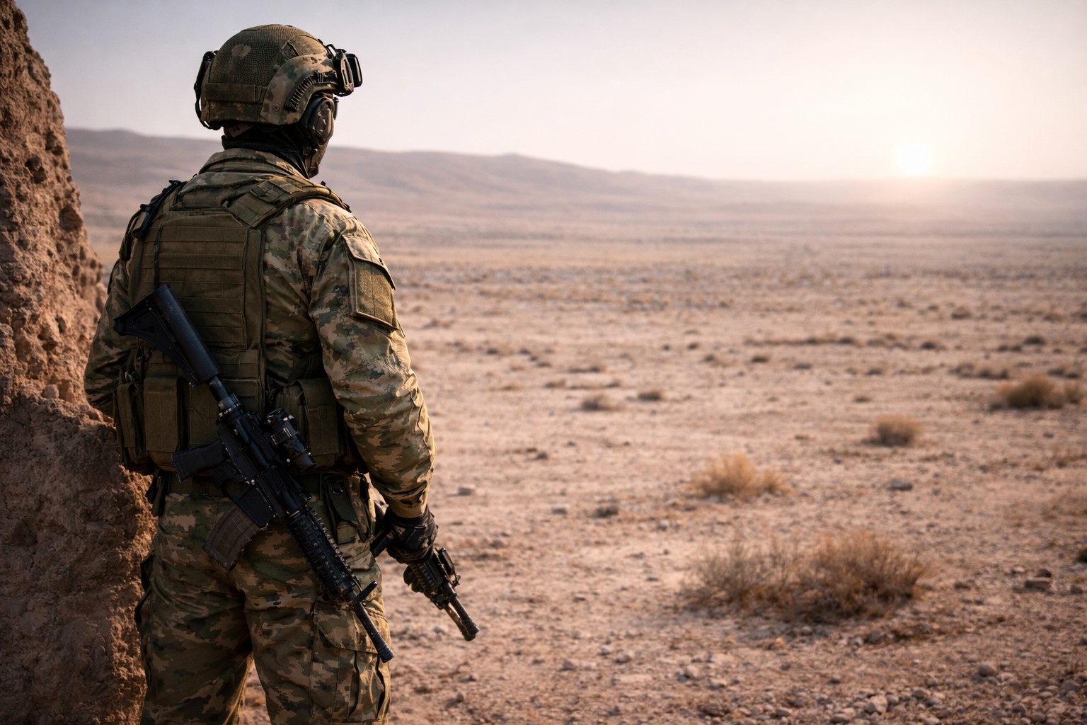 Imagem conceitual gerada por IA mostra soldado israelense de costas observando o horizonte em região desértica, simbolizando cenário de conflito no Oriente Médio.