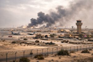 Representação da base aérea de Al Udeid, em Doha, no Catar, com fumaça no horizonte em cenário que remete a ataques no Oriente Médio.