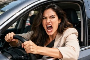 Mulher dirigindo carro em área urbana durante o dia, com expressão de raiva e mãos no volante, em cena que representa reação emocional no trânsito.