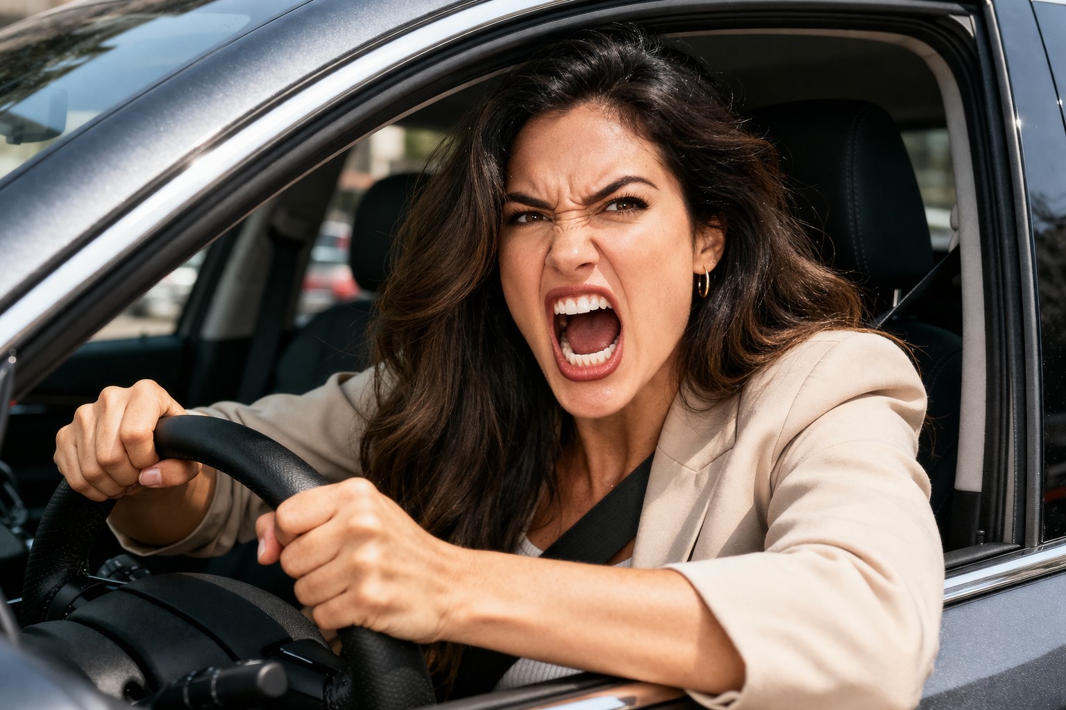 Mulher dirigindo carro em área urbana durante o dia, com expressão de raiva e mãos no volante, em cena que representa reação emocional no trânsito.