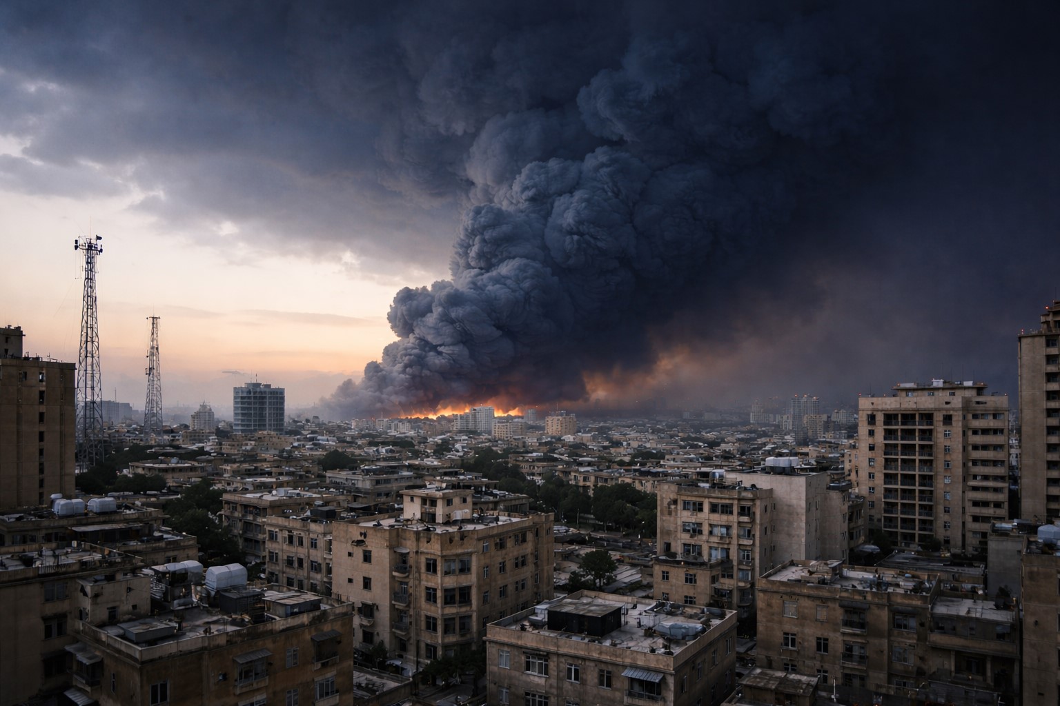 Imagem ilustrativa gerada por inteligência artificial mostra cidade sob uma enorme nuvem de fumaça cinza-azulada no céu, representando o fenômeno associado ao alerta de possível chuva ácida no Irã.