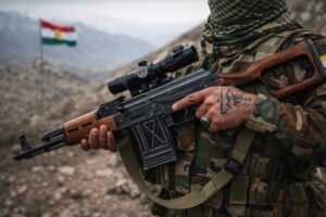 Representação de um combatente curdo em uniforme camuflado segurando um fuzil em ambiente montanhoso, com bandeira curda desfocada ao fundo.