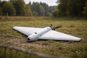 Ilustração fotográfica ultra-realista mostra um drone militar de formato triangular, semelhante a um drone “kamikaze”, caído sobre grama rala em área aberta, com vegetação e árvores ao fundo.