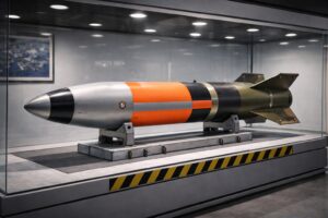 Ilustração de uma bomba de gravidade moderna exibida em mostruário de vidro, representando armamento associado ao programa B61-12.
