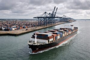 Imagem gerada por IA mostra navio de carga próximo ao Porto de Felixstowe, no Reino Unido, em cenário marítimo com céu nublado.