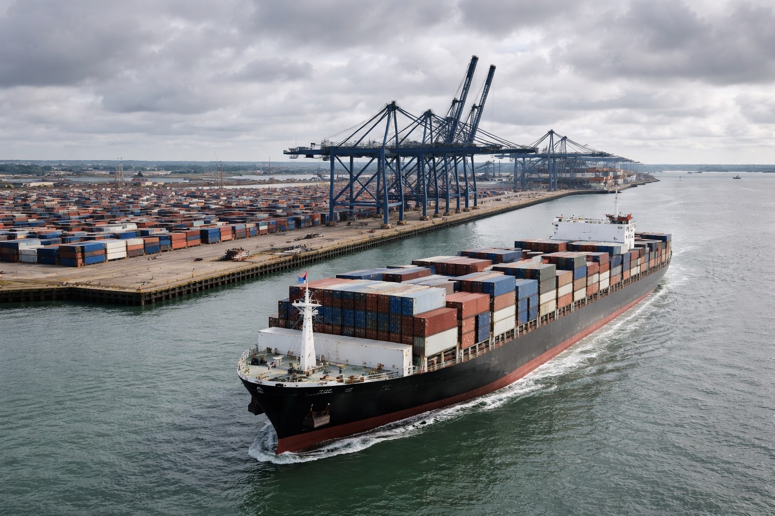 Imagem gerada por IA mostra navio de carga próximo ao Porto de Felixstowe, no Reino Unido, em cenário marítimo com céu nublado.