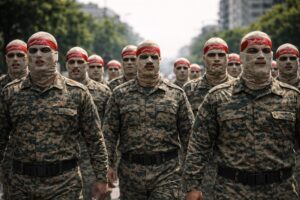 Grupo de homens uniformizados marchando em formação em avenida urbana durante o dia; imagem gerada por IA para fins ilustrativos.