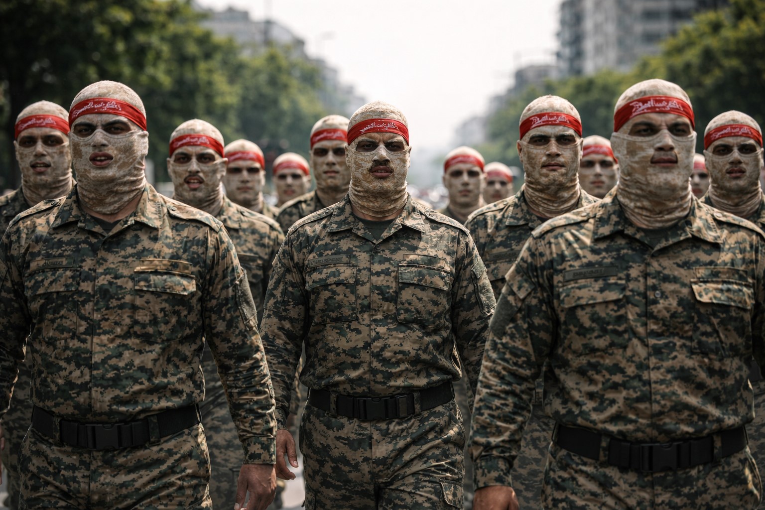 Grupo de homens uniformizados marchando em formação em avenida urbana durante o dia; imagem gerada por IA para fins ilustrativos.