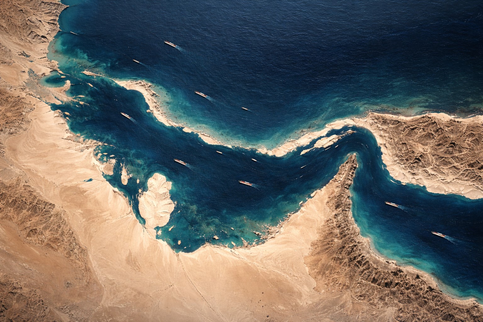 Imagem aérea de satélite do Estreito de Ormuz mostra o canal marítimo entre Irã e Península Arábica, em composição ilustrativa gerada por inteligência artificial.