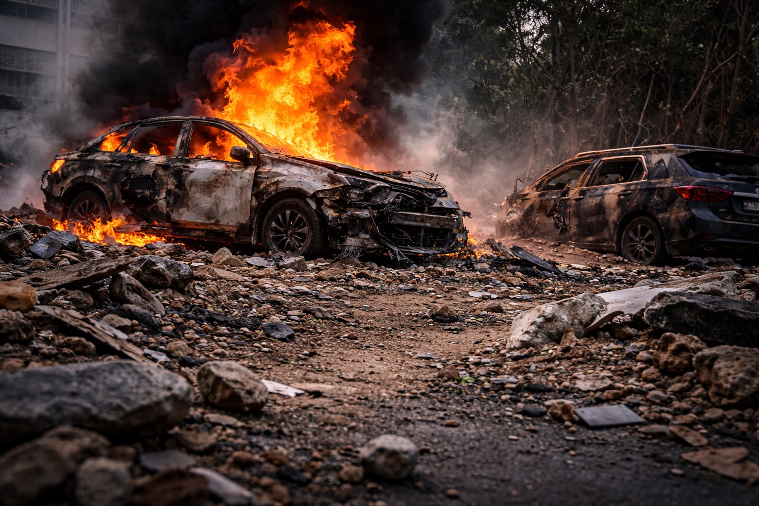 Imagem gerada por IA mostra carro em chamas e cenário de destruição após ataque.