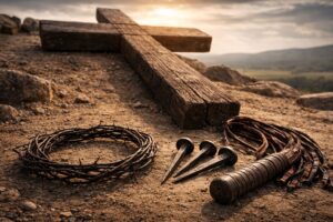 Ilustração realista de cruz, coroa de espinhos, cravos e azorrague em cenário semelhante ao Gólgota, associada aos relatos sobre a morte de Jesus.