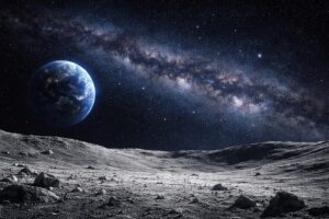 Ilustração gerada por IA da superfície da Lua com a Terra ao fundo e a Via Láctea no espaço.