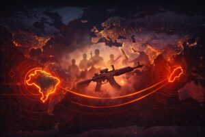 Ilustração digital mostra mapa geopolítico com conexão gráfica entre o Brasil e o Oriente Médio, simbolizando análise sobre possível ligação entre grupos armados mencionada por autoridades dos EUA.