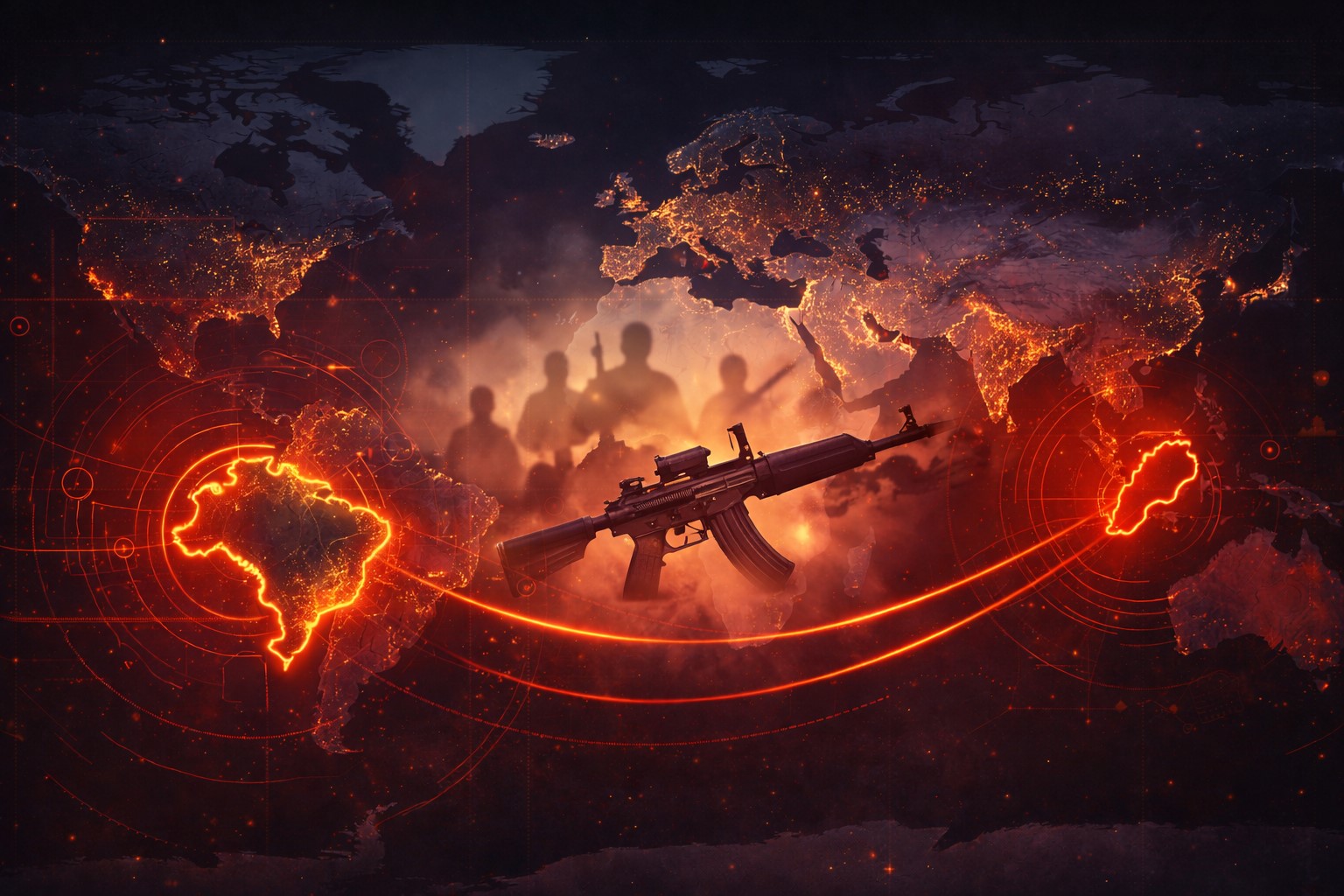 Ilustração digital mostra mapa geopolítico com conexão gráfica entre o Brasil e o Oriente Médio, simbolizando análise sobre possível ligação entre grupos armados mencionada por autoridades dos EUA.