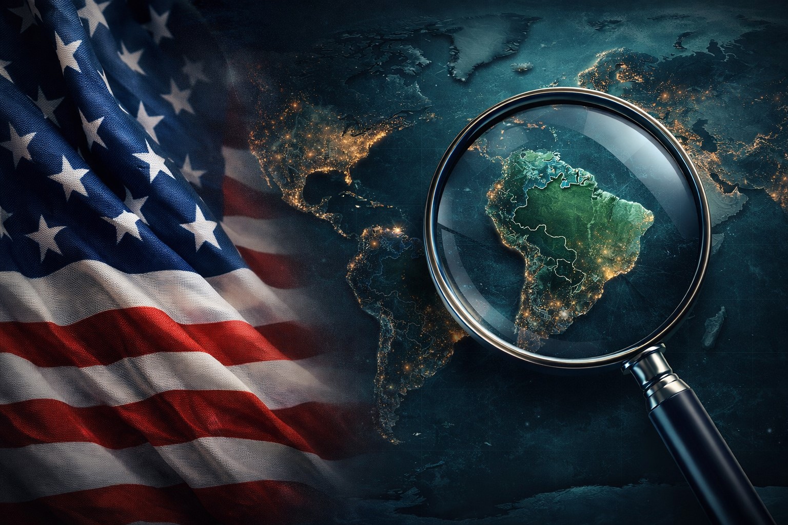 Ilustração editorial mostra bandeira dos Estados Unidos à esquerda e um mapa-múndi escuro à direita com uma lupa destacando a América do Sul, simbolizando investigação comercial internacional.