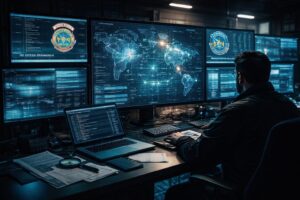 Ilustração gerada por inteligência artificial mostra analista de investigação digital diante de vários monitores com mapas de rede e fluxos de dados, simbolizando apuração sobre acesso indevido a sistemas da Polícia Federal e do FBI.