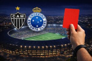 Imagem ilustrativa gerada por inteligência artificial mostra o estádio Mineirão em vista semiaérea noturna, com os escudos de Atlético Mineiro e Cruzeiro e um árbitro exibindo cartão vermelho.