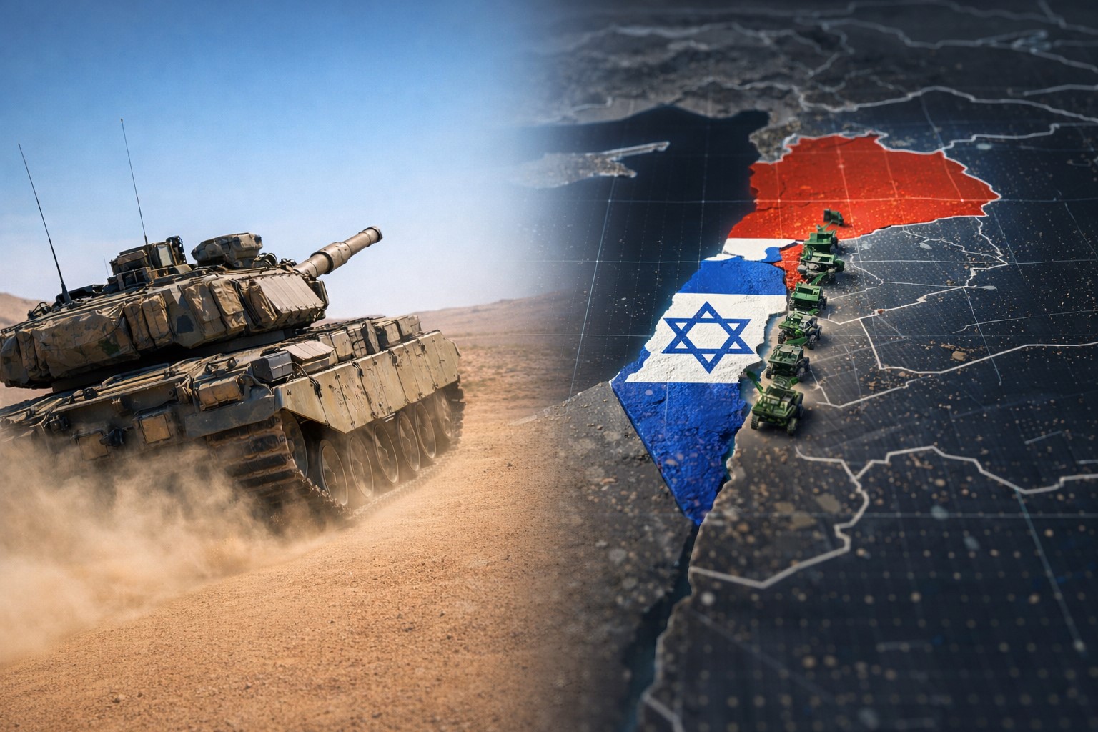 Tanque de guerra avançando em solo semiárido à esquerda e mapa político 3D de Israel e Líbano à direita, ilustrando operações militares terrestres na fronteira. Imagem gerada por inteligência artificial para fins jornalísticos.