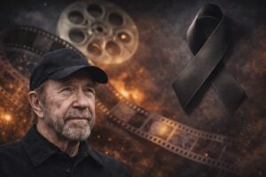 Imagem ilustrativa de Chuck Norris em idade avançada com fundo simbólico de cinema e laço de luto.