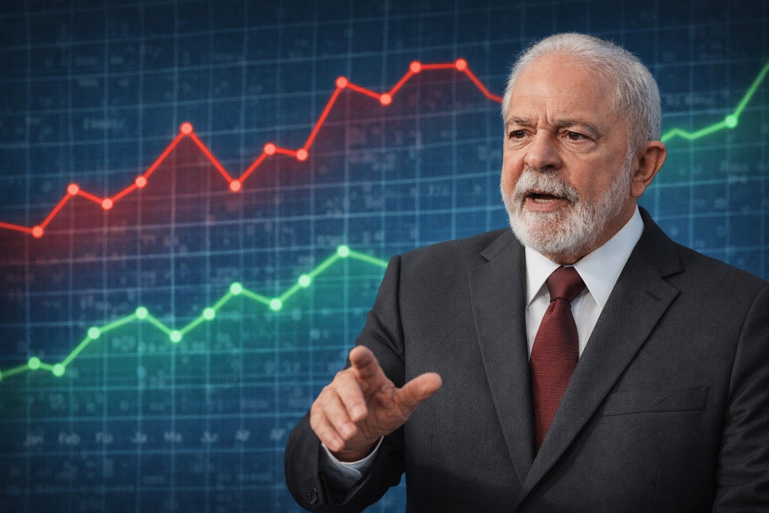 Imagem gerada por inteligência artificial mostra o presidente Lula diante de gráficos de aprovação e desaprovação de governo, ilustrando pesquisa de opinião pública.
