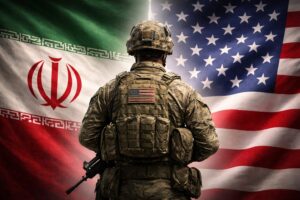 Ilustração gerada por IA com soldado de costas entre as bandeiras dos Estados Unidos e do Irã.
